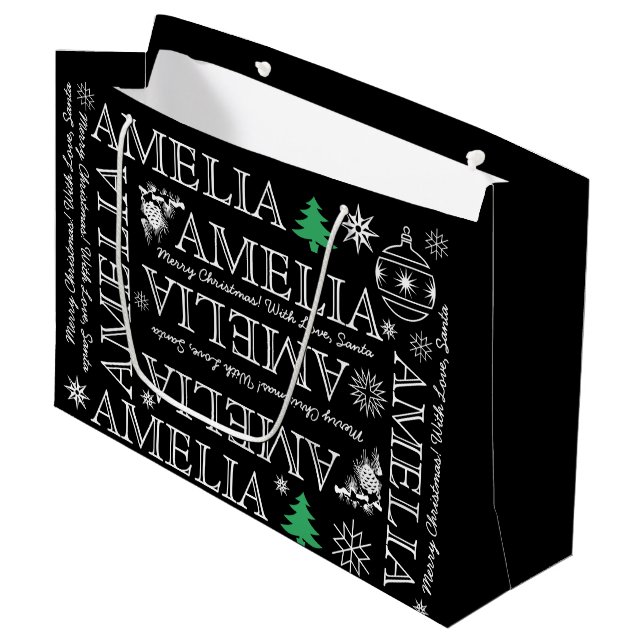 Add up to 6 Letters Name Black and White Christmas Large Gift Bag (Front Angled)