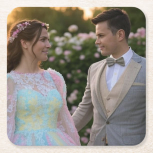 Add Wedding Photo Customize Square Paper Coaster