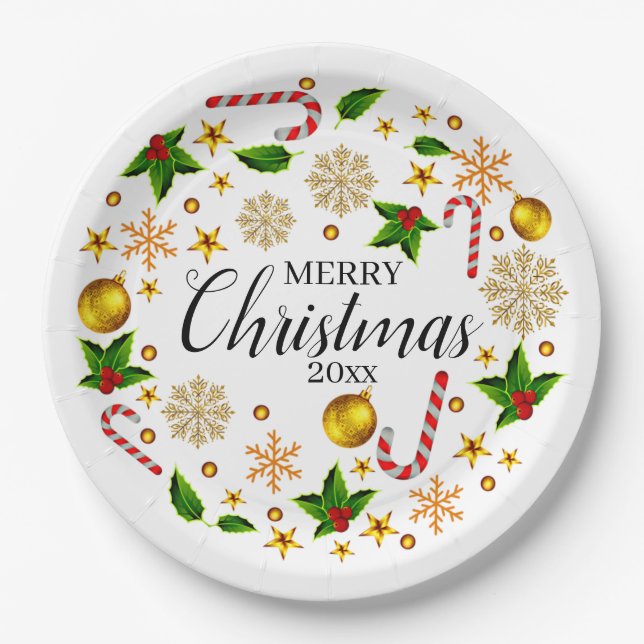 Add Year Merry Christmas 20xx Christmas Theme 9"  Paper Plate (Front)