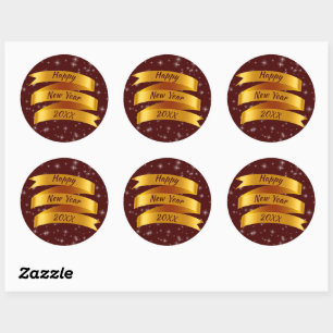 Add Year Text Happy New Year 20xx Gold Ribbon  Classic Round Sticker