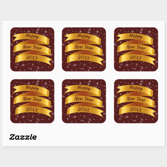 Add Year Text Happy New Year 20xx Gold Ribbon  Square Sticker (Sheet)