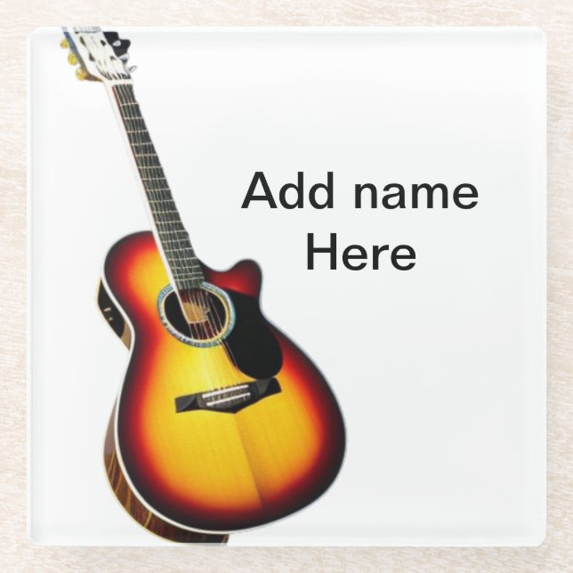 Add you name text brown acoustic guitar editable t glass coaster (Front)
