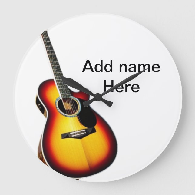 Add you name text brown acoustic guitar editable t large clock (Front)