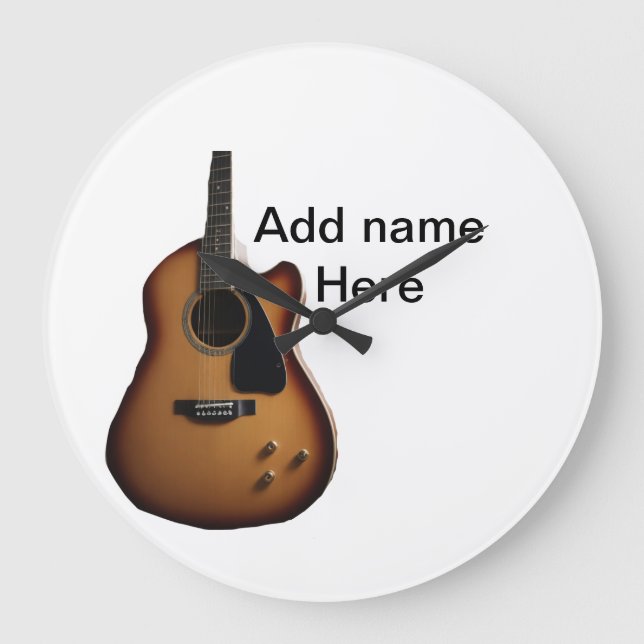 Add you name text brown acoustic guitar editable t large clock (Front)