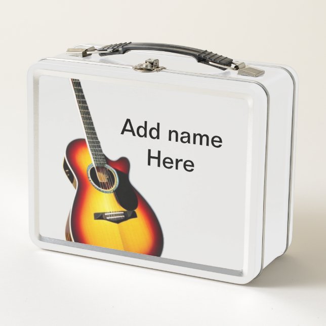 Add you name text brown acoustic guitar editable t metal lunch box (Front)