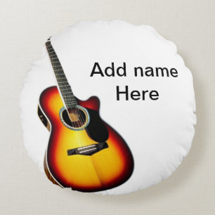 Add you name text brown acoustic guitar editable t round pillow