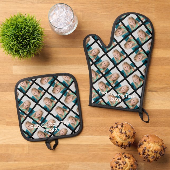 Add Your 1 Photo to Make a Pattern - Black Oven Mitt & Pot Holder Set (Top Down)