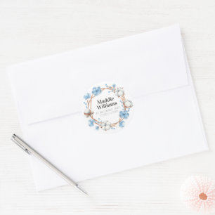 ADD YOUR ADDRESS Watercolor Cotton Wreath Classi Classic Round Sticker