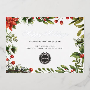 Add Your Business Logo Christmas Mistletoe Silver Foil Holiday Card