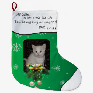 ADD YOUR CAT PHOTO Green Cute Holiday Stocking