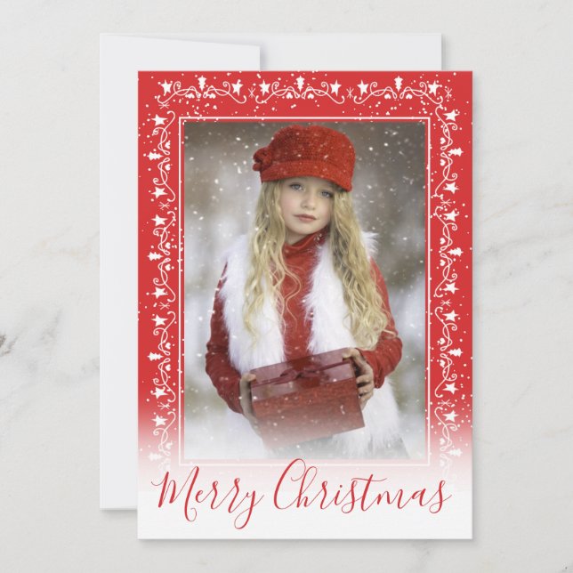 Add Your Christmas Photo Red Border White Bokeh Holiday Card (Front)