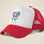 Add Your Club Name Tennis Team Navy Blue Custom Trucker Hat<br><div class="desc">Easily customize this trucker hat by adding your club or society name by clicking the "Personalize" button. You can change the background, fonts, and patch colour by clicking the "Edit with Design tool". Perfect for any club, business, or school society. Order as many or as fewer as required. There's no...</div>