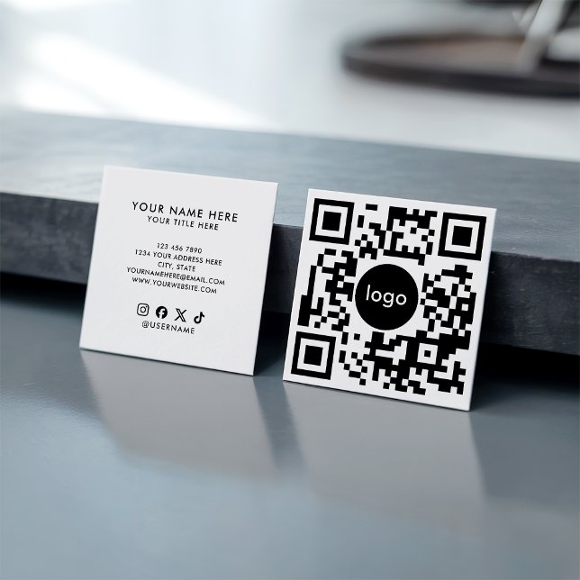 Add Your Custom QR Code Logo Professional White Square Business Card (Add Your Custom QR Code Logo Professional White)