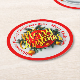 Add your Family Name Year Christmas Message Red  Round Paper Coaster