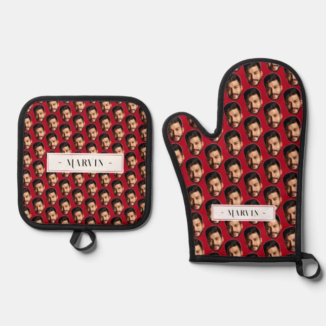 Add Your Funny Face Photo & Name Personalized  Oven Mitt & Pot Holder Set (Front)