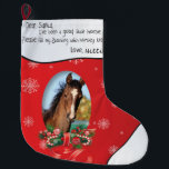 ADD YOUR HORSE Photo and Name Dear Santa Large Christmas Stocking<br><div class="desc">A gradient red background with snowflakes and an Oval frame for your Horse's Photo, with a ribbon tied candy cane bough at the bottom - This Christmas stocking has this message written in childlike hand writing: Dear Santa, I have been a good little horse. Please fill my stocking with horsey...</div>