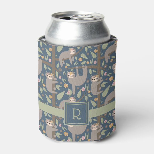 Add Your Initial | Cute Floral Sloth Pattern Can Cooler (Can Front)