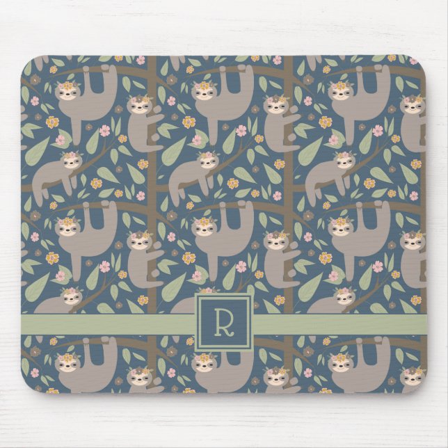 Add Your Initial | Cute Floral Sloth Pattern Mouse Pad (Front)