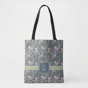 Add Your Initial   Cute Floral Sloth Pattern Tote Bag