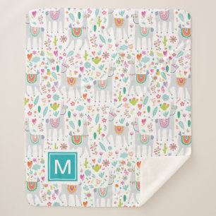 Add Your Initial Cute Pastel Llama Pattern Sherpa Blanket