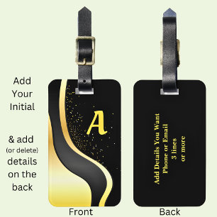 Add Your Initial, Gold Ribbon Design on Black Luggage Tag