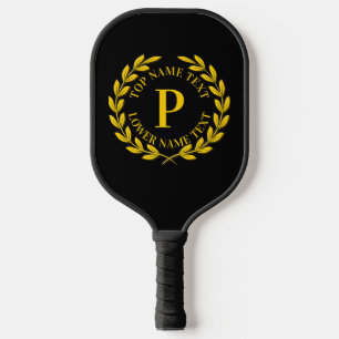 Add Your Initial, Name or Text Gold Wreath Black Pickleball Paddle