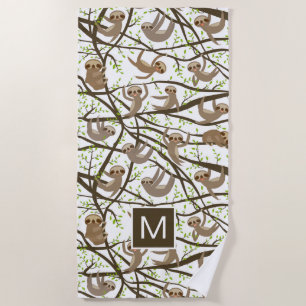 Add Your Initial   Smiling Sloth Pattern Beach Towel