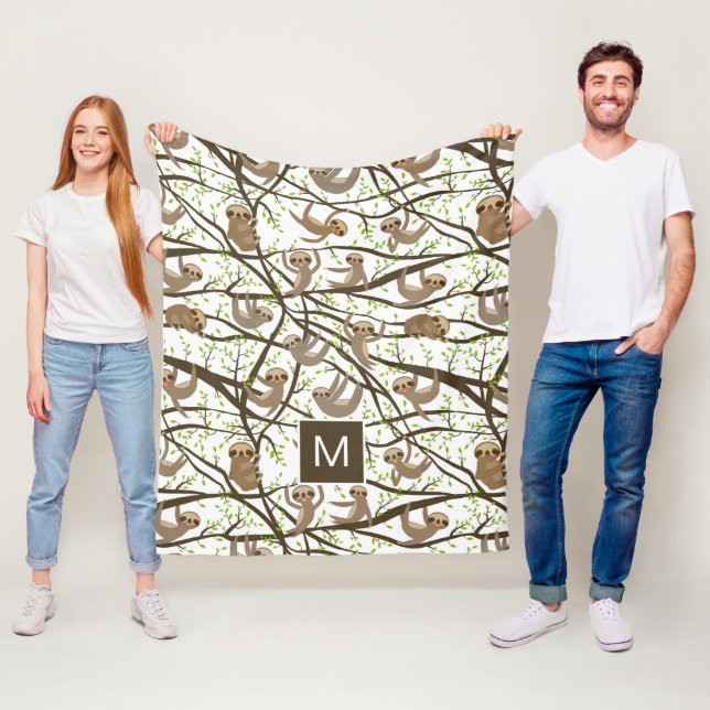 Add Your Initial | Smiling Sloth Pattern Fleece Blanket (In Situ)