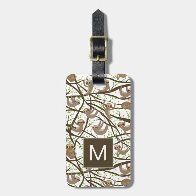 Add Your Initial | Smiling Sloth Pattern Luggage Tag (Front Vertical)