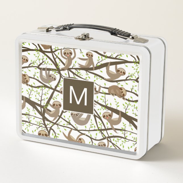 Add Your Initial | Smiling Sloth Pattern Metal Lunch Box (Front)