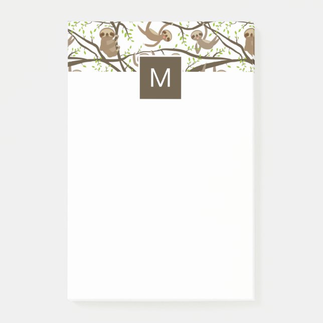 Add Your Initial | Smiling Sloth Pattern Post-it Notes (Front)