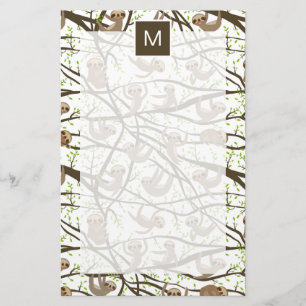 Add Your Initial   Smiling Sloth Pattern Stationery