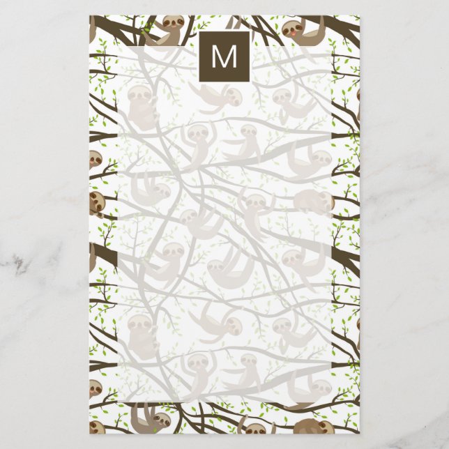 Add Your Initial | Smiling Sloth Pattern Stationery (Front)