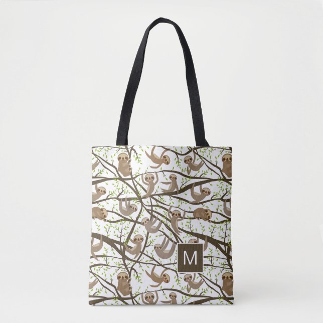 Add Your Initial | Smiling Sloth Pattern Tote Bag (Front)