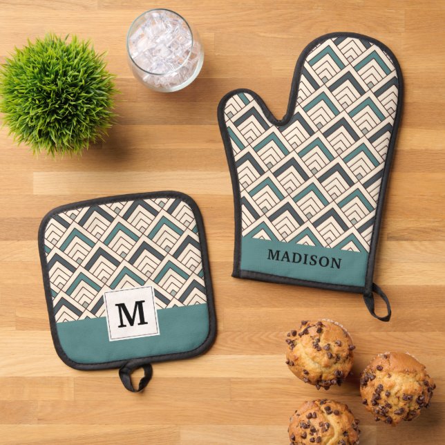 Add Your Initial | Teal Geometric Pattern Oven Mitt & Pot Holder Set (Top Down)