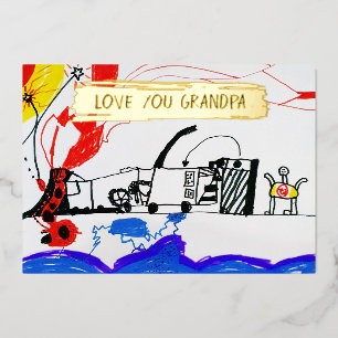 Add Your Kid's Drawing & Photo Custom Grandfather Foil Holiday Card