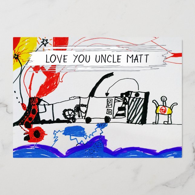   Add Your Kid's Drawing & Photo Cute Custom Uncle Foil Holiday Card (Front)