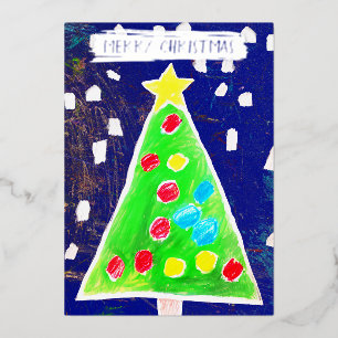    Add Your Kid's Drawing & Photo Cute Custom Xmas Foil Holiday Card