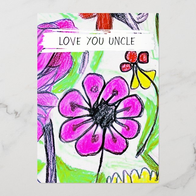  Add Your Kid's Drawing & Photo Personalized Uncle Foil Holiday Card (Front)
