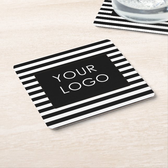 Add Your Logo Customizable Business Black Stripe   Square Paper Coaster (Angled)