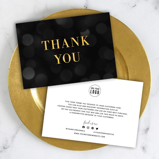 Add Your Logo Dark Bokeh Lights Faux Gold Thank You Card (Creator Uploaded)