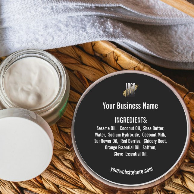 Add your logo ingredient list with website black classic round sticker (Creator Uploaded)