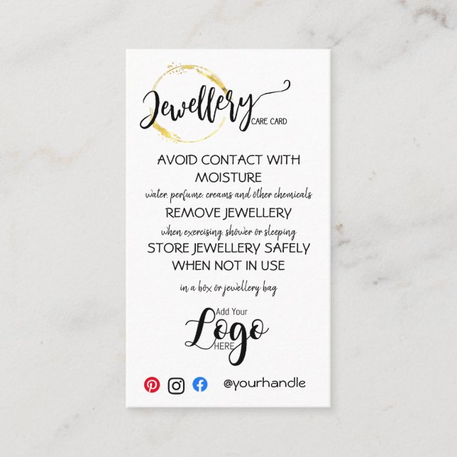 ADD YOUR LOGO jewelry CARE CARDS small business  (Front)