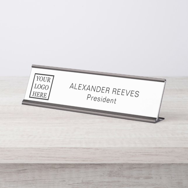 Add Your Logo Minimalist Black and White Business Desk Name Plate (Front)
