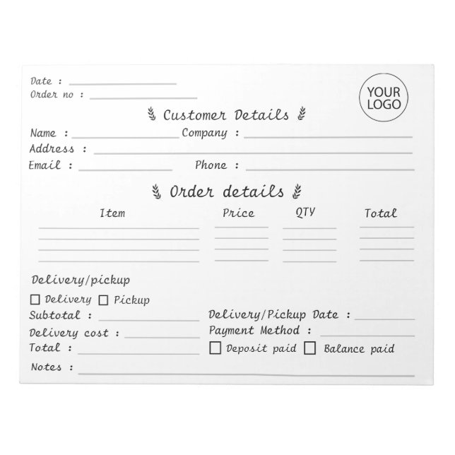 Add Your Logo Pastry Cupcake Bakery Order Form     Notepad (Front)