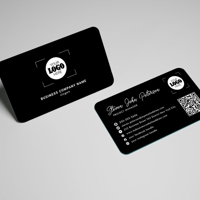 Add your logo professional QR code black Business Card (You can choose the ROUNDED CORNERS option)