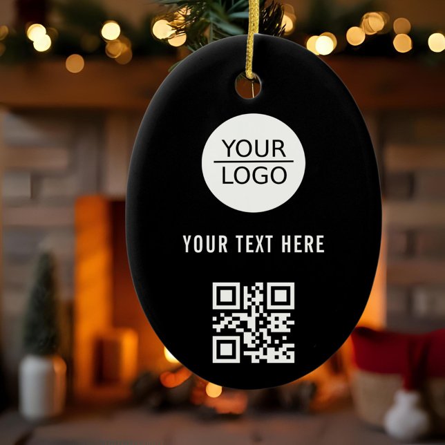 Add your Logo QR Code Custom Text Promotion Black Ceramic Ornament (Creator Uploaded)