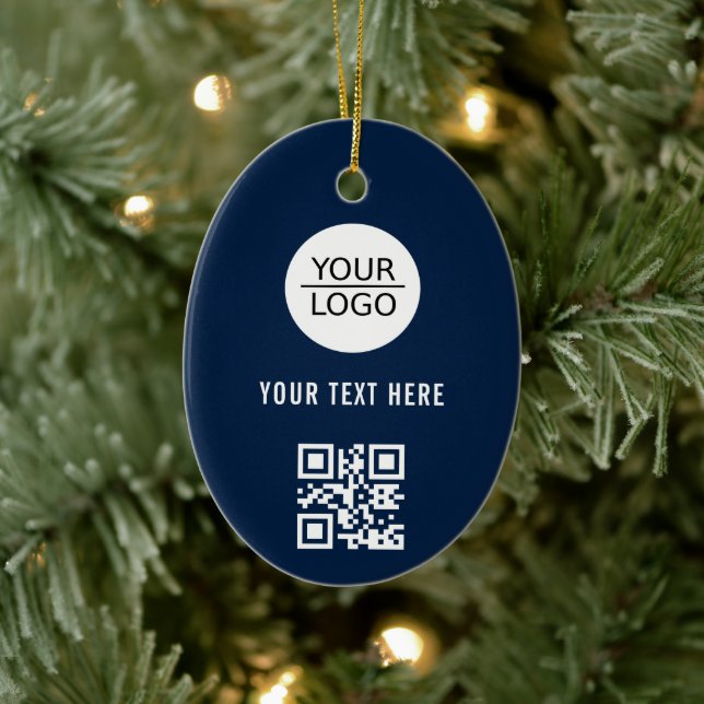Add your Logo QR Code Custom Text Promotion Blue Ceramic Ornament (Tree)