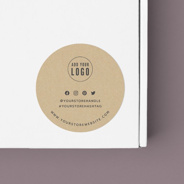 Add Your Logo Social Media Branding Rustic Kraft Classic Round Sticker (Creator Uploaded)