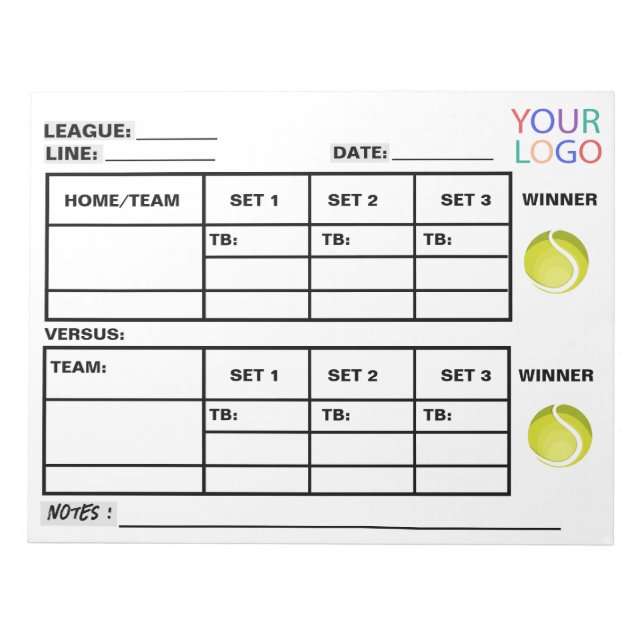Add Your Logo Tennis Score Pad Tennis Score Sheets (Front)